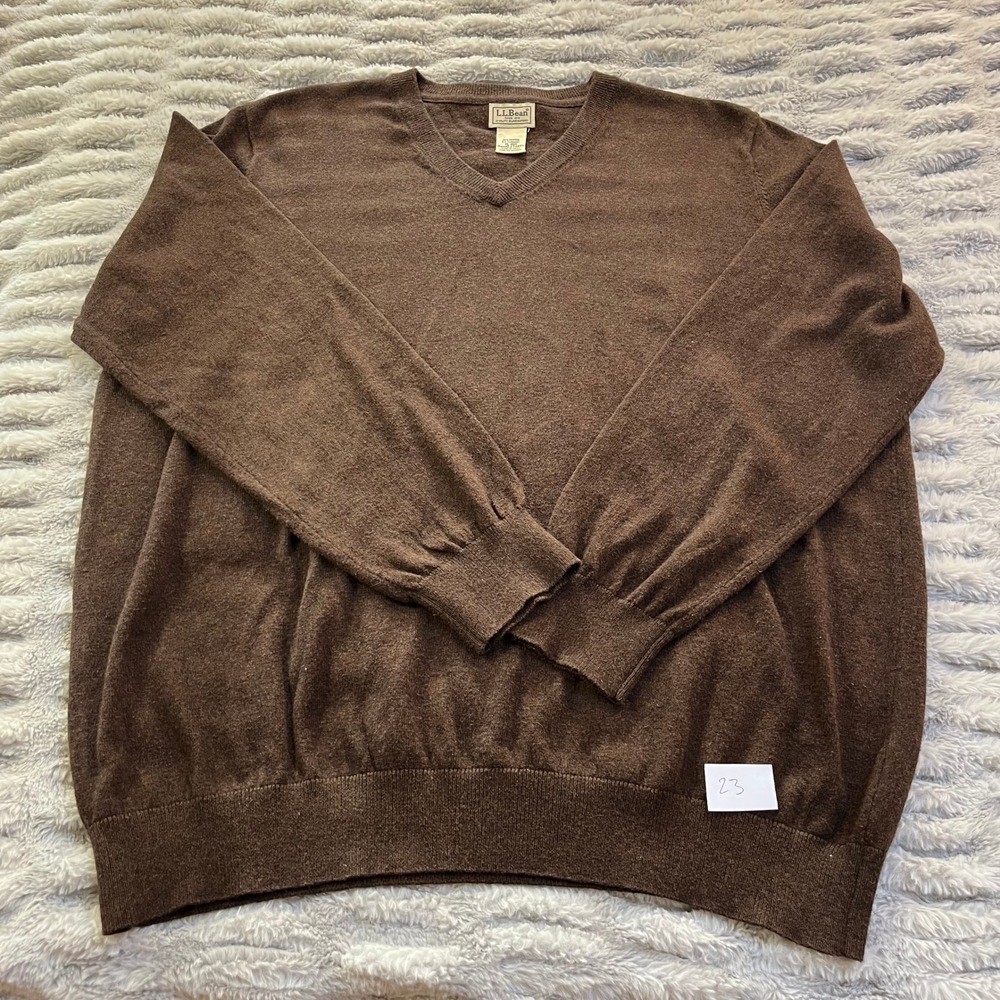LL Bean Brown Cotton Cashmere Pullover V‎ Neck Sweater Mens Size XL Style 274603